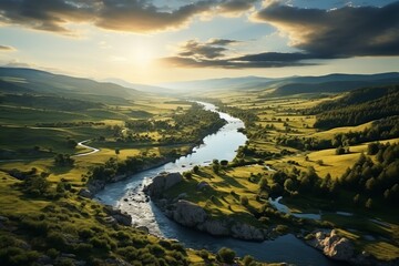  winding river goes into the distance, shot from a drone, green pastures and fields