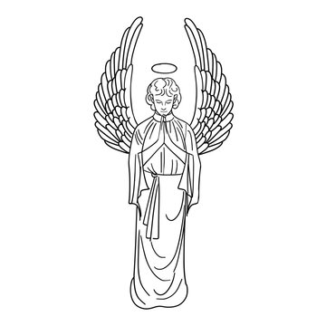 Angel  standing and praying,  vector line art.