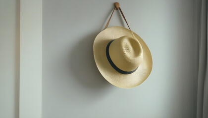 Straw hat and bag hanging on rack on light grey wall