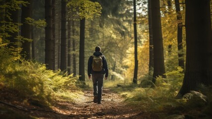 A person walking on a forest path in sunlight