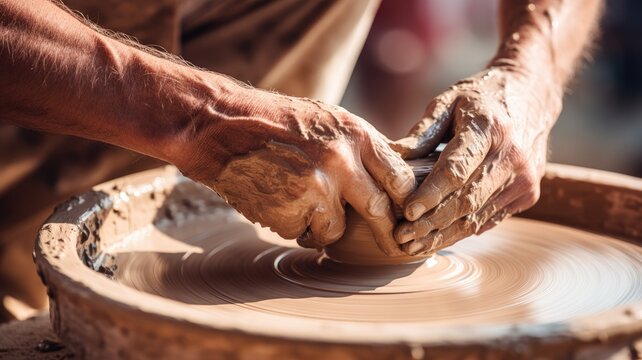 Hands shape clay on a pottery wheel, crafting with skill