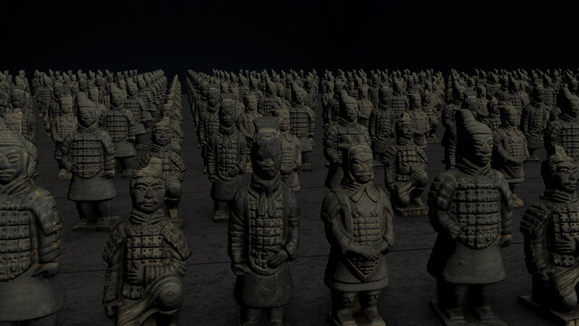 terracotta warriors in a row 3D animation in the dark