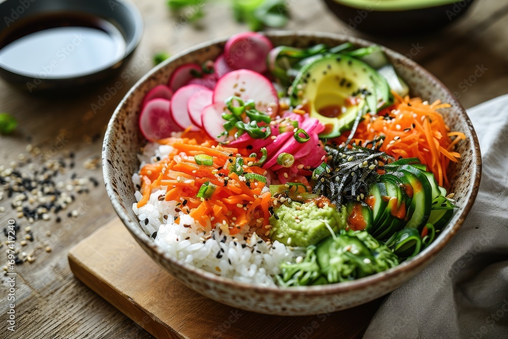 Wall mural asian fusion feast: brown rice sushi bowl with pickled vegetables - a delectable combination of pick - Wall murals