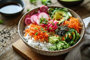 Asian Fusion Feast: Brown Rice Sushi Bowl with Pickled Vegetables - A Delectable Combination of Pickled Carrots, Cucumber, and Avocado, Drizzled with Sesame Dressing for Gourmet Satisfaction and Culin - obrazy, fototapety, plakaty