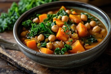 Savor the Season: Chickpea and Vegetable Stew - A Delicious Harmony of Chickpeas, Sweet Potatoes, Kale, and Seasonal Vegetables Simmered in a Flavorful Broth with Herbs and Spices for Comforting Satis