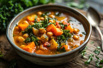 Savor the Season: Chickpea and Vegetable Stew - A Delicious Harmony of Chickpeas, Sweet Potatoes, Kale, and Seasonal Vegetables Simmered in a Flavorful Broth with Herbs and Spices for Comforting Satis - obrazy, fototapety, plakaty