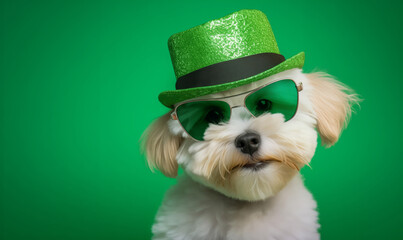 vA cute puppy wearing a St Patrick's day costume against a green background - obrazy, fototapety, plakaty