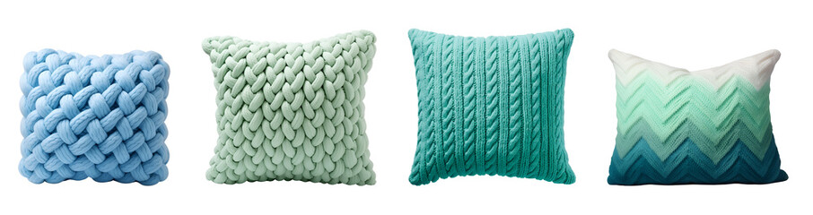 Set of large knitted pillows in blue, green, and gradient for a stylish living room, sofa, and bed decoration, Isolated on Transparent Background, PNG