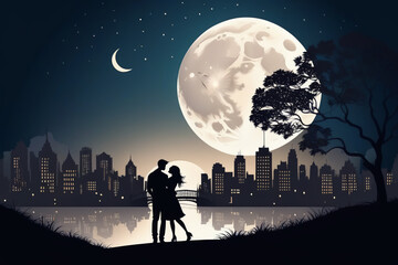 Nocturnal love: Paper-cut style portrays a couple's silhouette on a city street under the moon.
