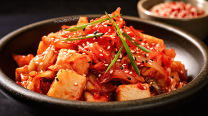 Kimchi, a Korean delight, adorned with pickled vegetables and red pepper