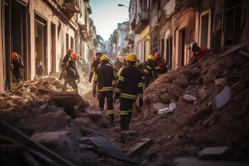 Fototapeta na wymiar Earthquake Aftermath: Rescuers Brave the Wreckage
