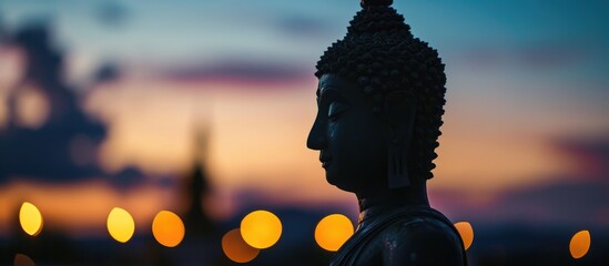 Buddha silhouette against a blurred evening sky.