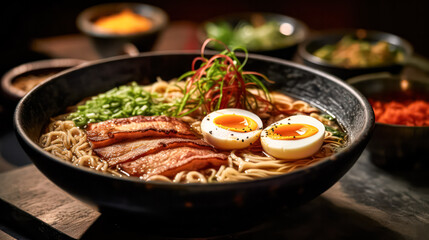 Fototapeta premium Asian cuisine with a tempting bowl of ramen featuring wheat noodles