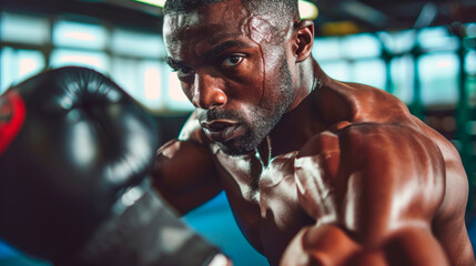 black man boxing in the gym  - obrazy, fototapety, plakaty