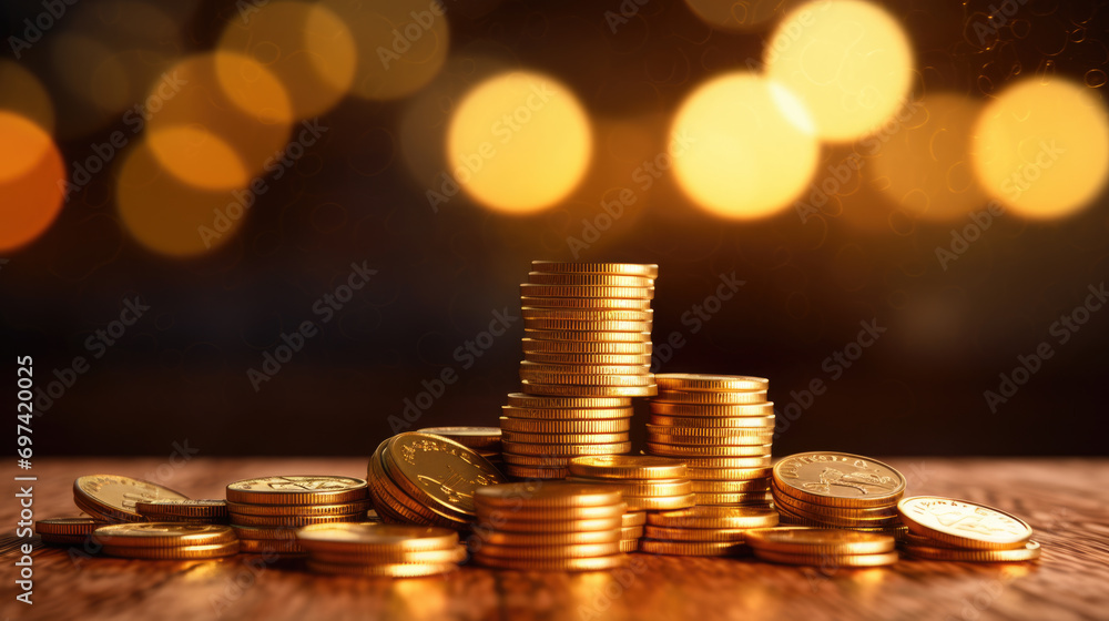 Poster multiple stacks of shiny gold coins on a surface with a warm, glowing bokeh light effect in the back