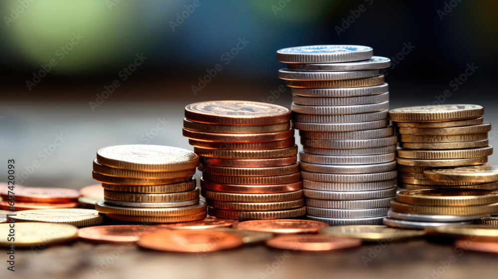 Poster multiple stacks of shiny gold coins on a surface with a warm, glowing bokeh light effect in the back