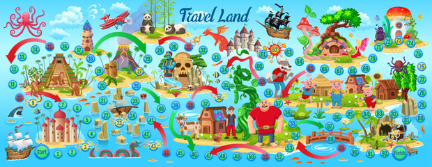 Big board game for children of fairy tales. Kids board game with characters from fairy tales, animals, insects, mushrooms and fairy homes. Step board game with numbered snake path.