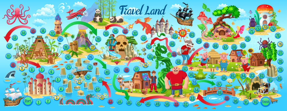Big board game for children of fairy tales. Kids board game with characters from fairy tales, animals, insects, mushrooms and fairy homes. Step board game with numbered snake path.