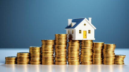 Stacks of coins next to houses on a wooden surface against a blue background