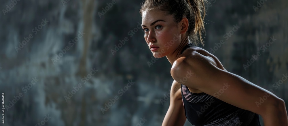 Wall mural Caucasian female athlete training in a studio. Muscular, sportive woman. Youth, healthy lifestyle. Copyspace for ad.