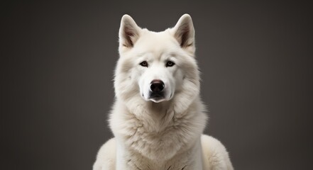 Obraz premium puppy with white fluffy fur and blue eyes looking out from behind a table on a grey background. Concept: pets, advertisements for veterinary clinics 