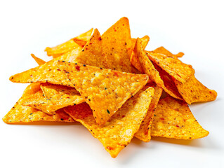Corn chips nachos are isolated on a white background. Triangular in shape.