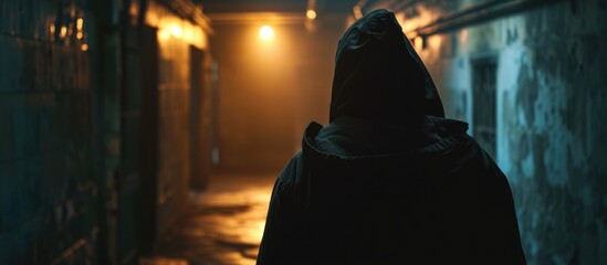 Hooded figure stalking in dark hall, appearing menacing and lost - obrazy, fototapety, plakaty