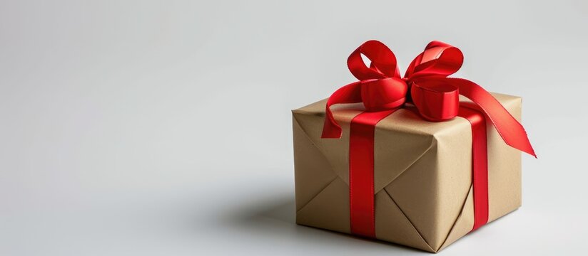 Isolated white background, gift box with red ribbon, wrapped in kraft paper.