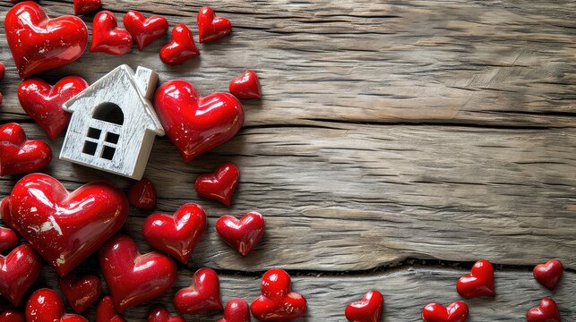 A Collection of Glossy Red Hearts Surrounding a Wooden House Model, Symbolizing Home and Love - A Perfect Image for Valentine’s Day or Real Estate Themes