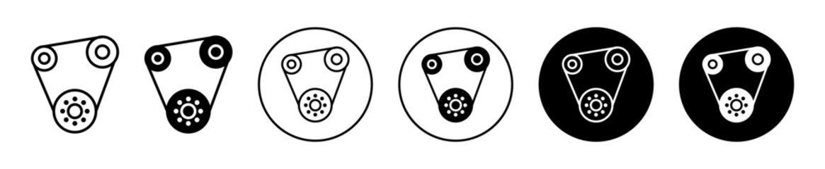 car fan belt icon. mechanical industrial transmission pulley shaft wire cable drive. motor engine dynamo powertrain disc with gear wheel and pulley cable belt symbol. car fan belt mechanism vector set