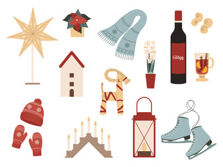 Scandinavian star, menorah and goat. Swedish alcoholic drink and saffron bun. Vector illustration of cozy elements