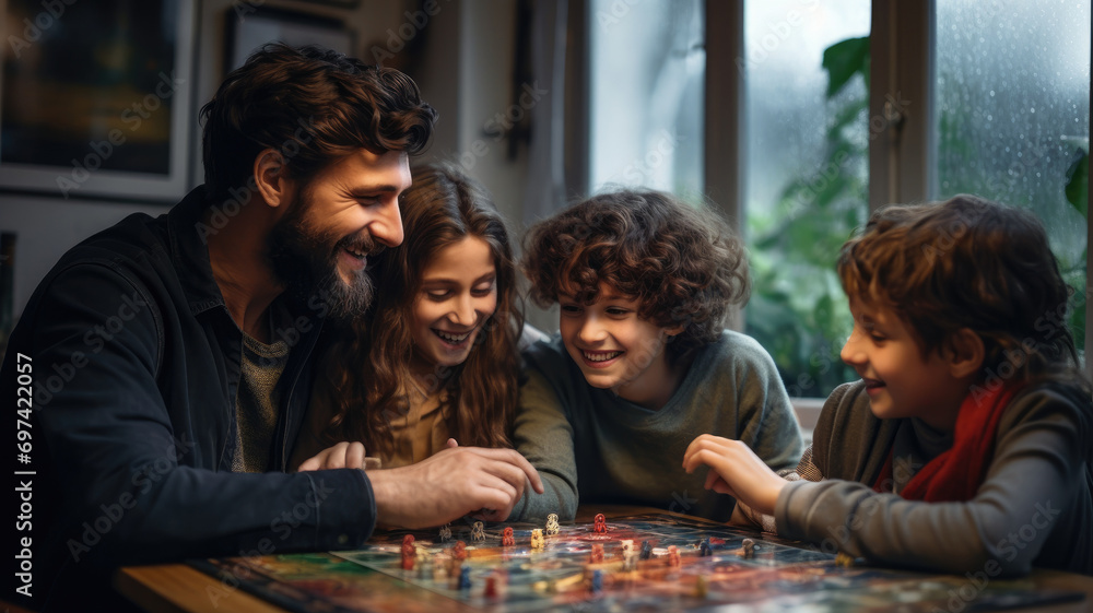 Wall mural family enjoying a board game together at home