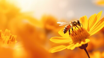 Bee pollinating a vibrant yellow flower - obrazy, fototapety, plakaty