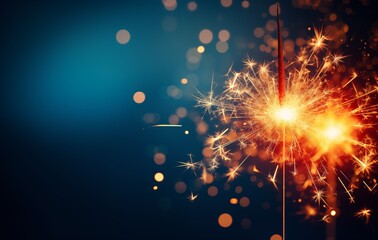 Burning sparkler on a blue background with copy space, celebration. Holiday concept.