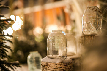 Empty three-liter jars in the spirit of Christmas