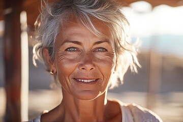 Fototapeta premium Close up portrait of happy senior woman looking at camera on the beach