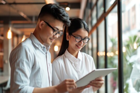 Two Happy Professional Business People Team Asian Woman And Latin Man Workers Working Using Digital Tablet Tech Discussing Financial Market Data Standing At Corporate Office Meeting.