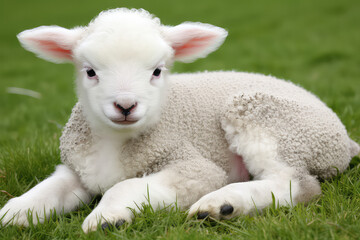 Obraz premium A fluffy baby lamb frolicking in a sunny meadow, its innocent and carefree nature echoing the joy of spring. The meadow becomes a picturesque canvas for this delightful display of young lif