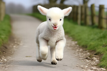 Obraz premium A fluffy baby lamb frolicking in a sunny meadow, its innocent and carefree nature echoing the joy of spring. The meadow becomes a picturesque canvas for this delightful display of young lif