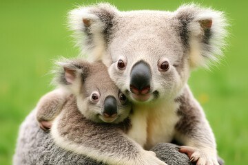 A curious baby koala clinging to its mother's back, peering out from her protective embrace. The unique bond between the baby and its mother showcases the tender care in the animal kingdo