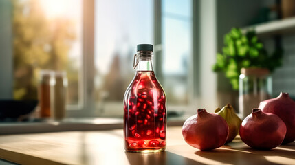 Vibrant and pure, pomegranate nectar sealed in a glass bottle - obrazy, fototapety, plakaty