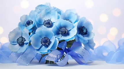 Blue poppies bouquet on light background with glitter and bokeh. Perfect for poster, banner, greeting card, event invitation, promotion, advertising, print, elegant design.