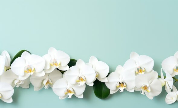 White Orchids on Turquoise Background. Bright clean image showcasing row of blooming white orchids against turquoise backdrop. Perfect for wellness and beauty contexts. Banner with copy space