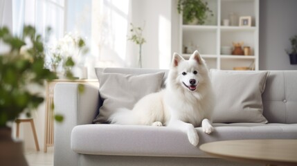 A white fluffy dog sits comfortably on a grey sofa, surrounded by a well-lit, modern living room with plants and decor. Ideal for pet care or home interior concepts.