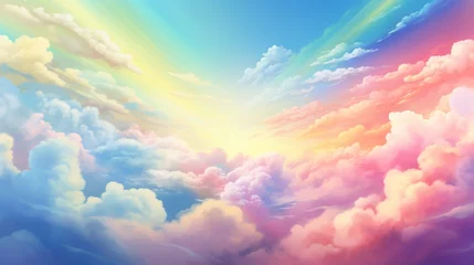 Poster Rainbow clouds of pink, purple, turquoise, blue, yellow colors. Illustration. Abstract beautiful sky background. Colorful Cloudscape. Copy Space. Perfect for designs, wallpapers, posters, ads, banners © Jafree