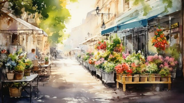 Modern street floral market on Europe style. Illustration in watercolor style. Variety of fresh vibrant flowers displayed for sale at outdoor market. For floral business promotions or advertisements.