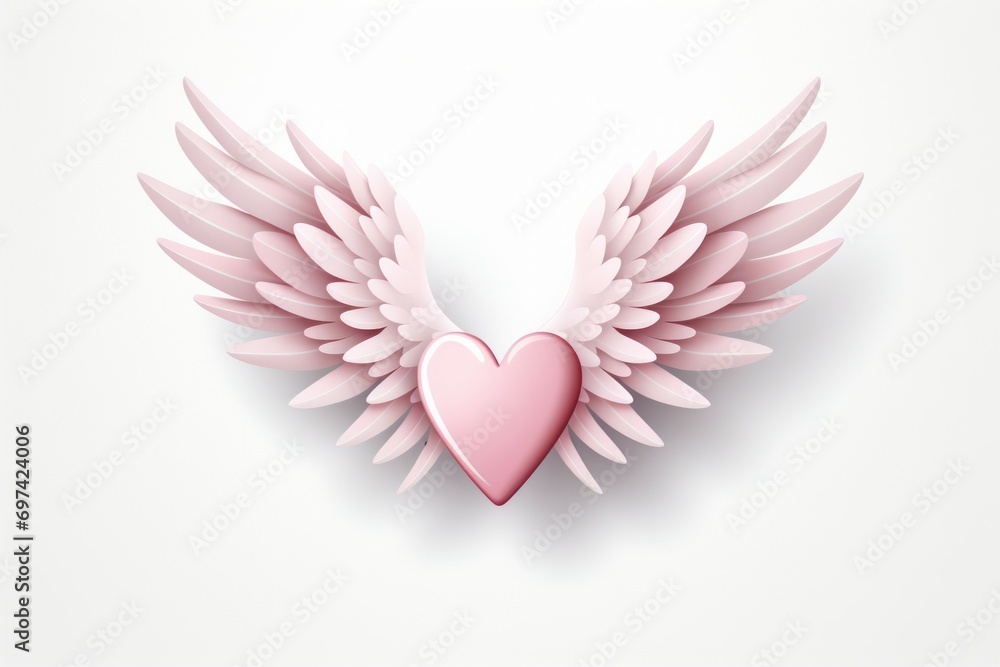 Poster heart with cupid wings. light background with selective focus and copy space