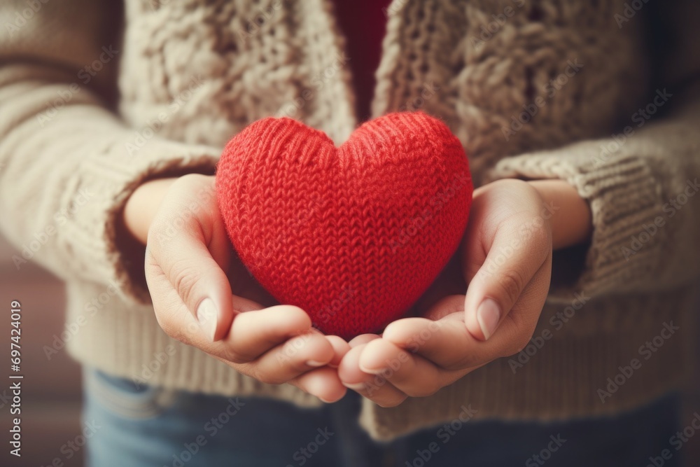 Poster knitted heart in hands. background with selective focus and copy space