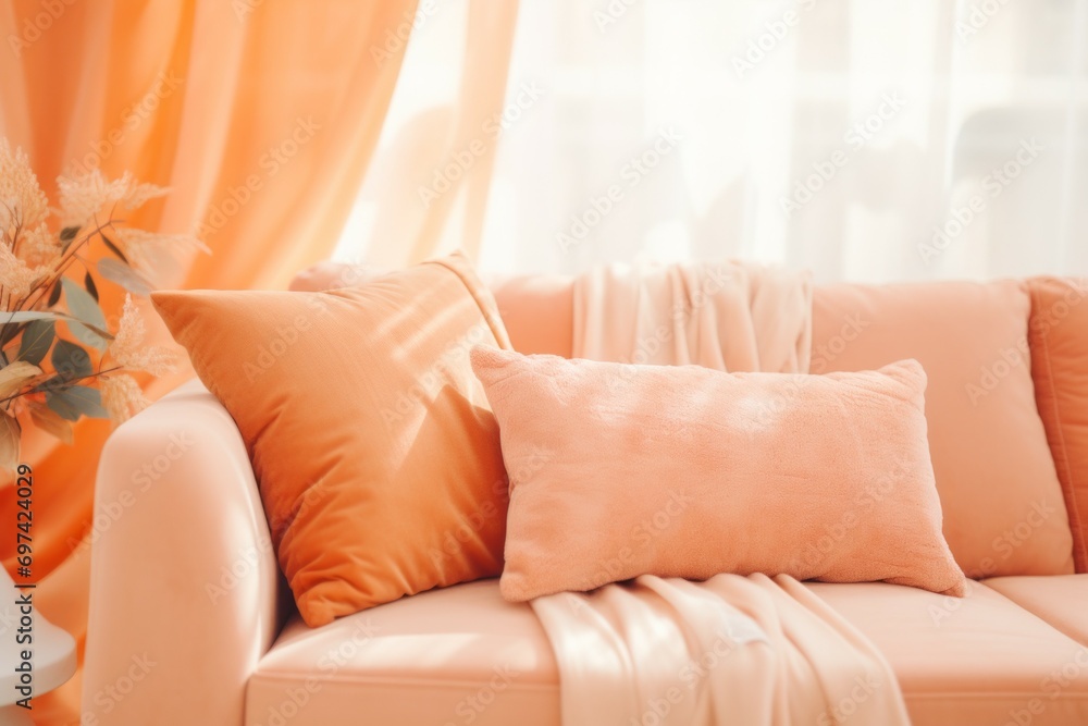Poster pillow in trendy color peach fuzz. background with selective focus and copy space