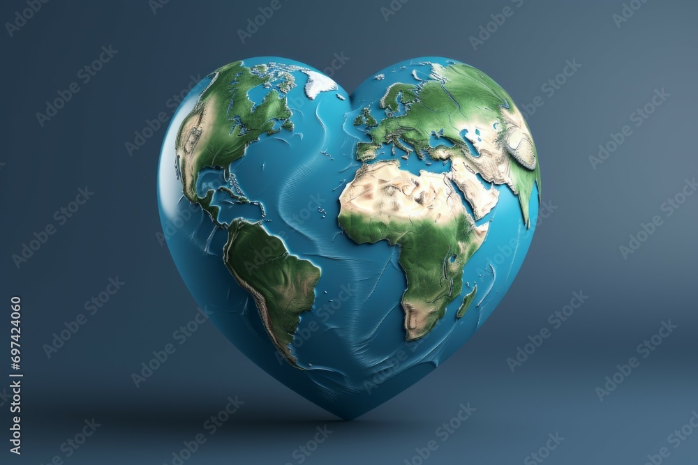 Poster planet earth in the shape of a heart with selective focus and copy space